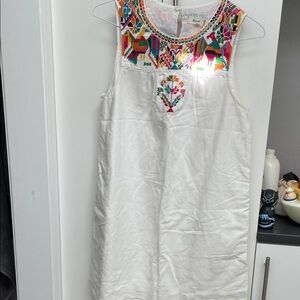 Madewell White Sleeveless Dress with Multicolor Embroidered Yoke